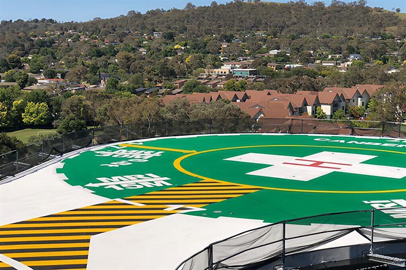 Helipad and hazard-striped walkway