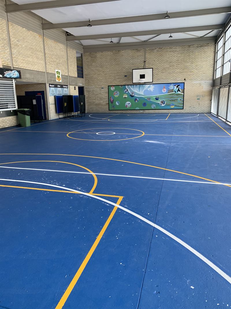 Indoor multi-court linemarking on a blue school court