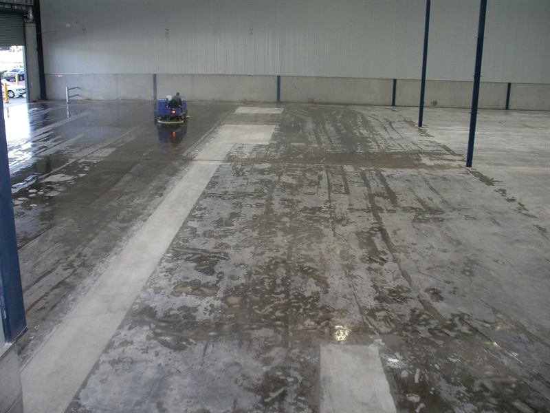 Ride-on scrubber cleaning a marked warehouse floor, with the scrubbed section clearly lighter